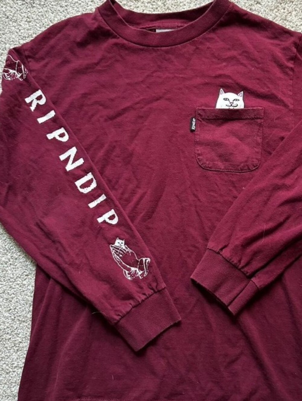 Ripndip Burgundy Long Sleeve Pocket Tee with Peeking Cat SZ small